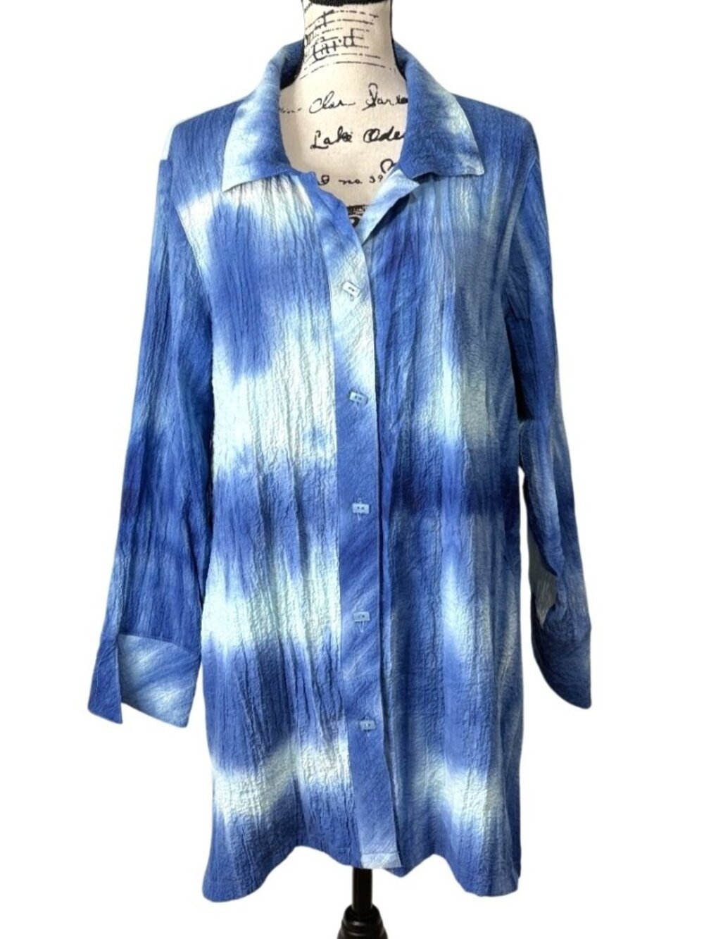Ali Miles Button-Up Tunic Blue White Tie-Dye Collared Top Womens Size XL